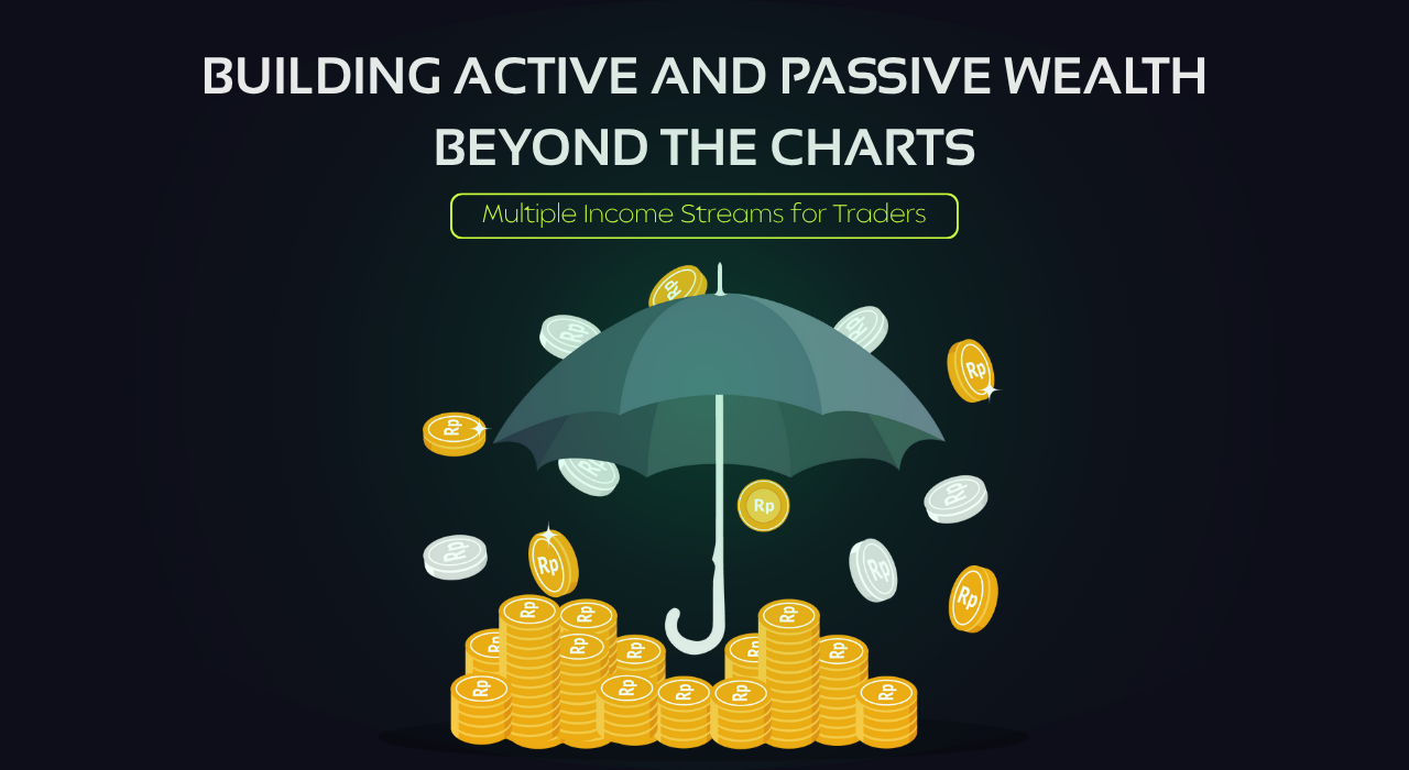 Active vs passive income streams for traders showing how professional traders diversify between trading profits, ETFs, index funds, and crypto staking for financial freedom